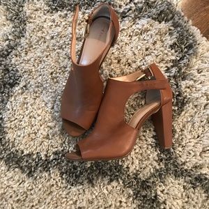 Peep toe brown leather heels